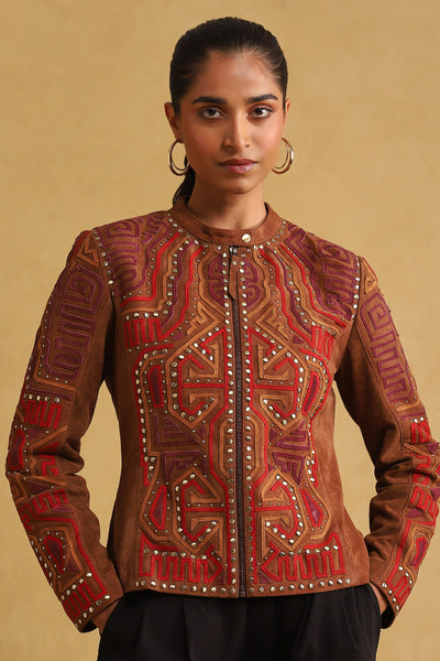 Ritu Kumar Tan Leather Jacket indian designer wear online shopping melange singapore
