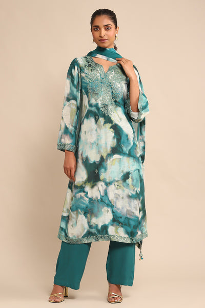 Ritu Kumar Teal Embroidered Kurta With Pant And Dupatta indian designer wear online shopping melange singapore