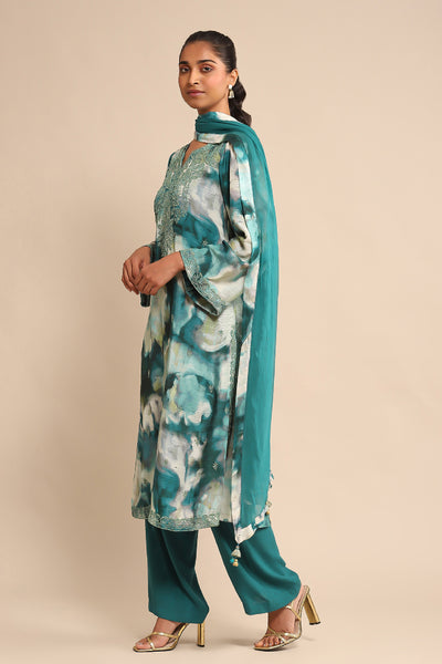 Ritu Kumar Teal Embroidered Kurta With Pant And Dupatta indian designer wear online shopping melange singapore