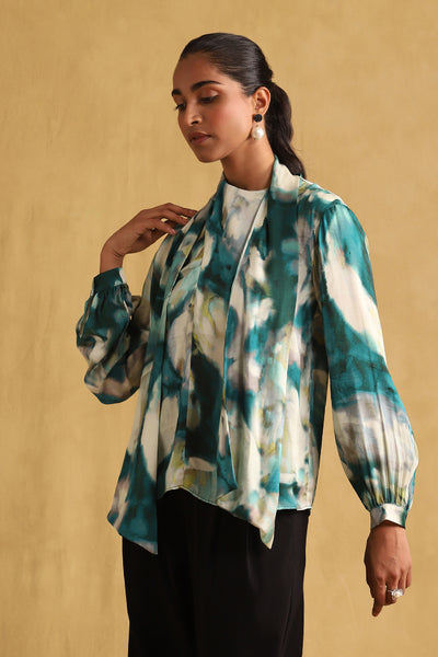 Ritu Kumar Teal Printed Top indian designer wear online shopping melange singapore
