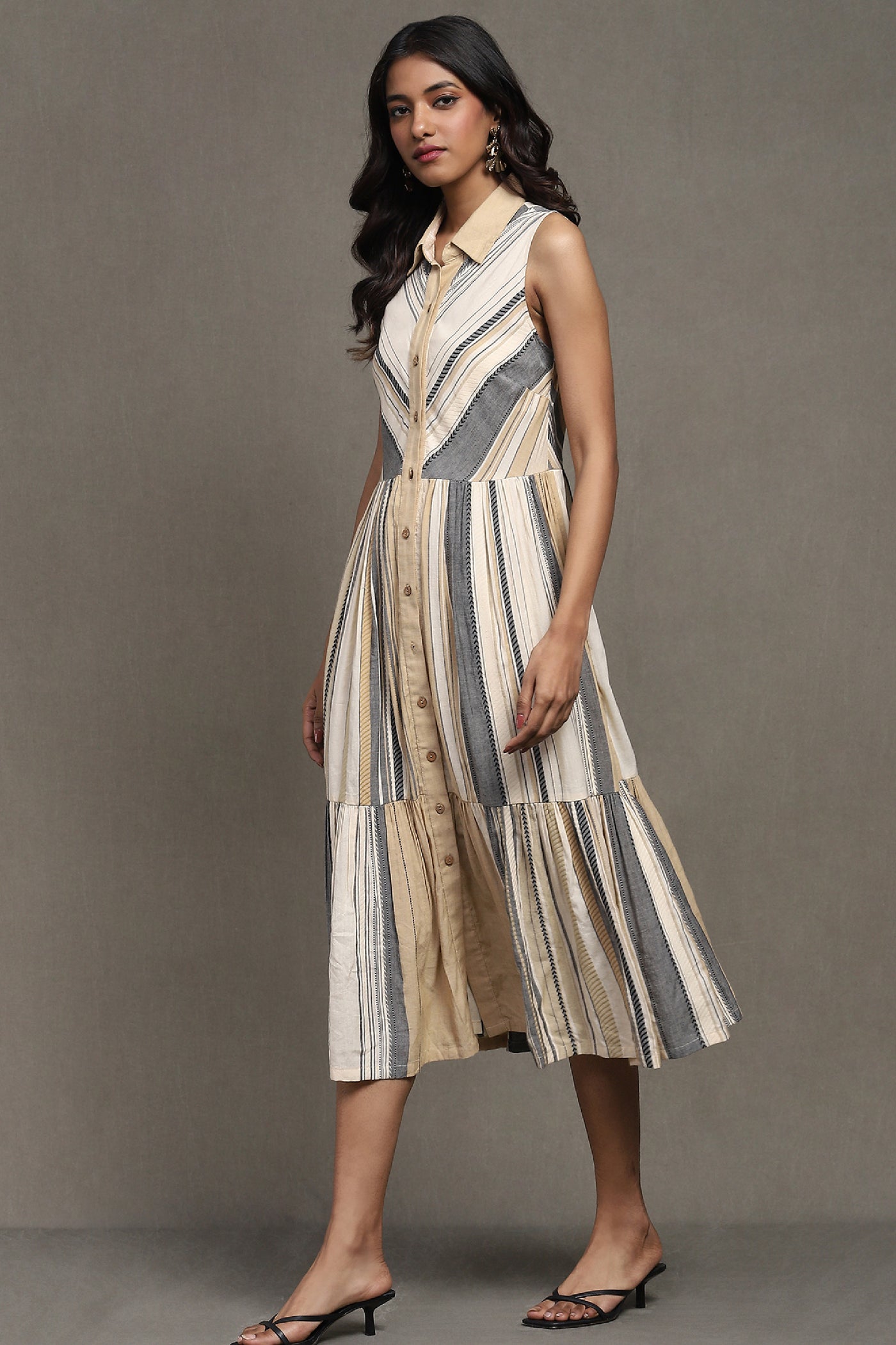 Ritu Kumar White Striped Yarn Dyed Long Dress indian designer wear online shopping melange singapore