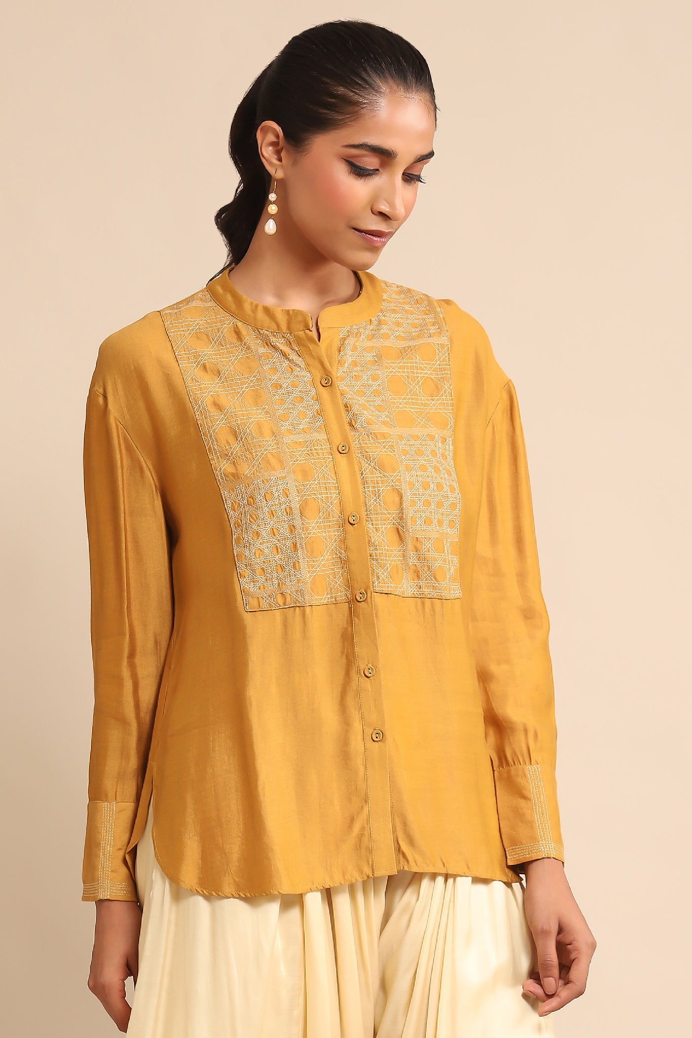 Ritu Kumar Yellow Embroidered Shirt indian designer wear online shopping melange singapore