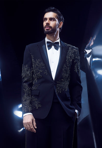 Rohit Gandhi Rahul Khanna Black Tuxedo indian designer wear online shopping melange singapore