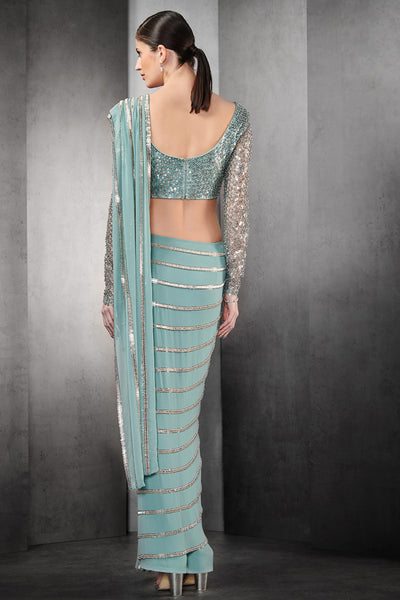 Rohit Gandhi & Rahul Khanna Draped Saree In Nylon Tulle Base With Linear Metallic Bead indian designer wear online shopping melange singapore