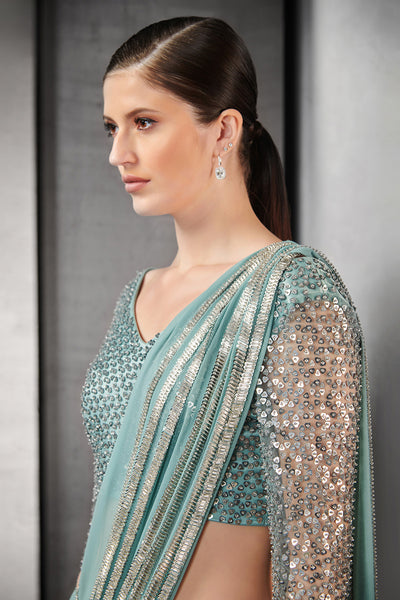 Rohit Gandhi & Rahul Khanna Draped Saree In Nylon Tulle Base With Linear Metallic Bead indian designer wear online shopping melange singapore