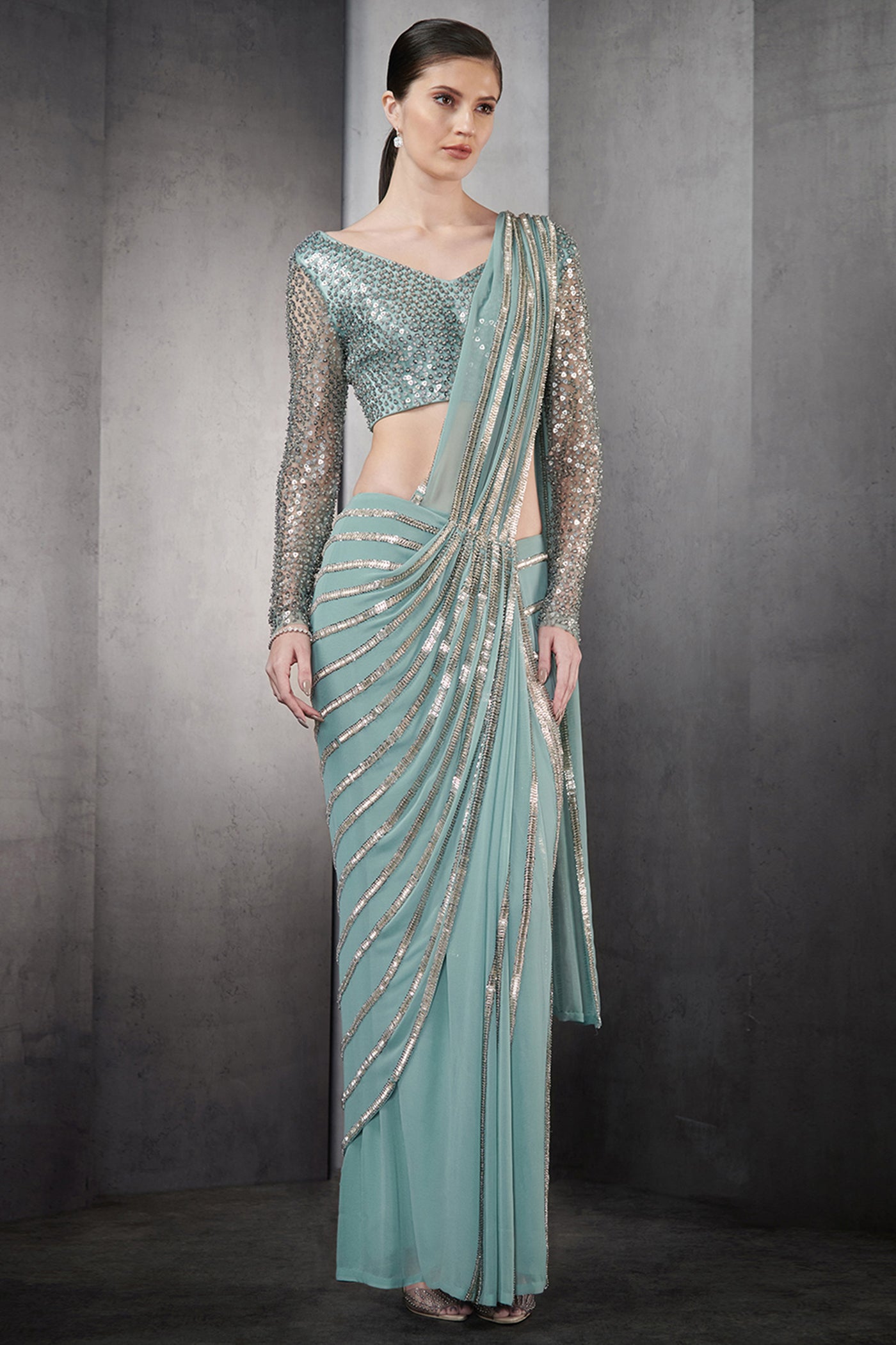 Rohit Gandhi & Rahul Khanna Draped Saree In Nylon Tulle Base With Linear Metallic Bead indian designer wear online shopping melange singapore