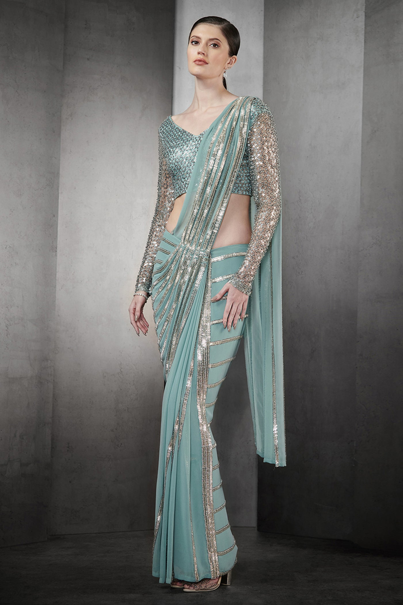 Rohit Gandhi & Rahul Khanna Draped Saree In Nylon Tulle Base With Linear Metallic Bead indian designer wear online shopping melange singapore