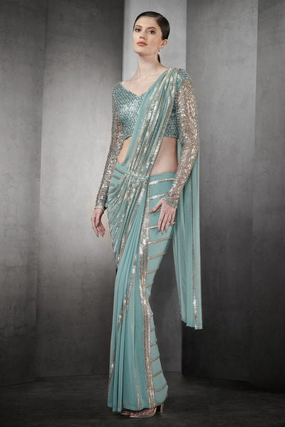 Rohit Gandhi & Rahul Khanna Draped Saree In Nylon Tulle Base With Linear Metallic Bead indian designer wear online shopping melange singapore