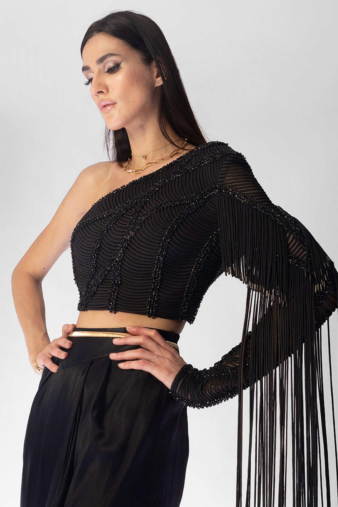 RohitGandhi RahulKhanna Elytra Black Tassel Top Indian designer wear online shopping melange singapore