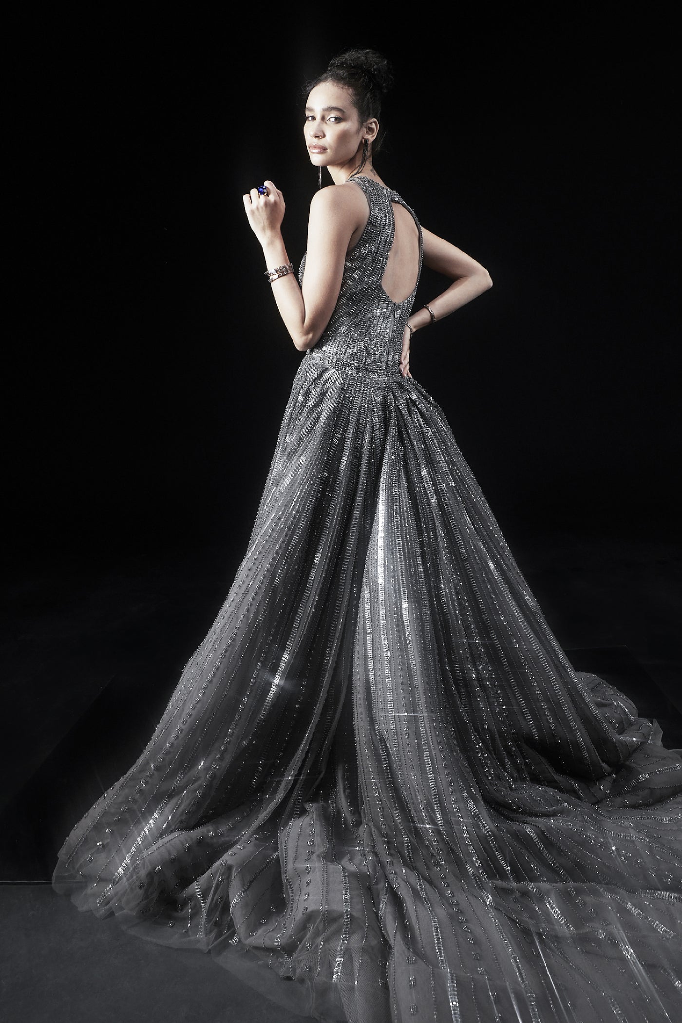 RohitGandhi RahulKhanna Fully Embellished Crystals And Metallic Stripes Gown Indian designer wear online shopping melange singapore