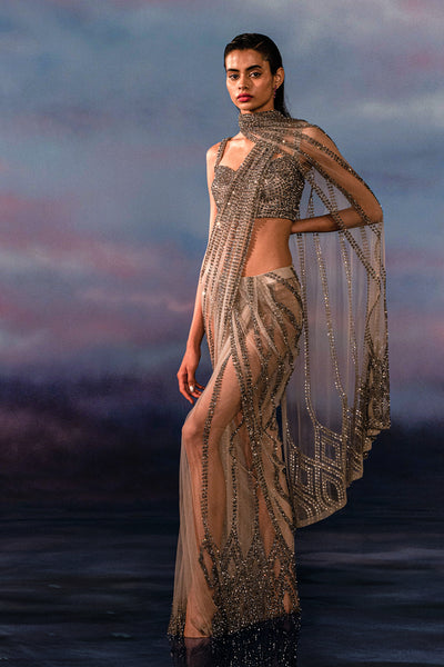 Rohit Gandhi & Rahul Khanna Hematite Metallic Pre-Stitched Sari indian designer wear online shopping melange singapore