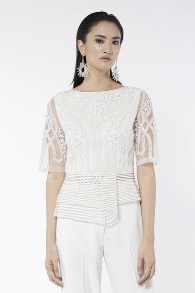 Rohit Gandhi and Rahul Khanna Off White Embroidered Peplum Top indian designer wear online shopping melange singapore