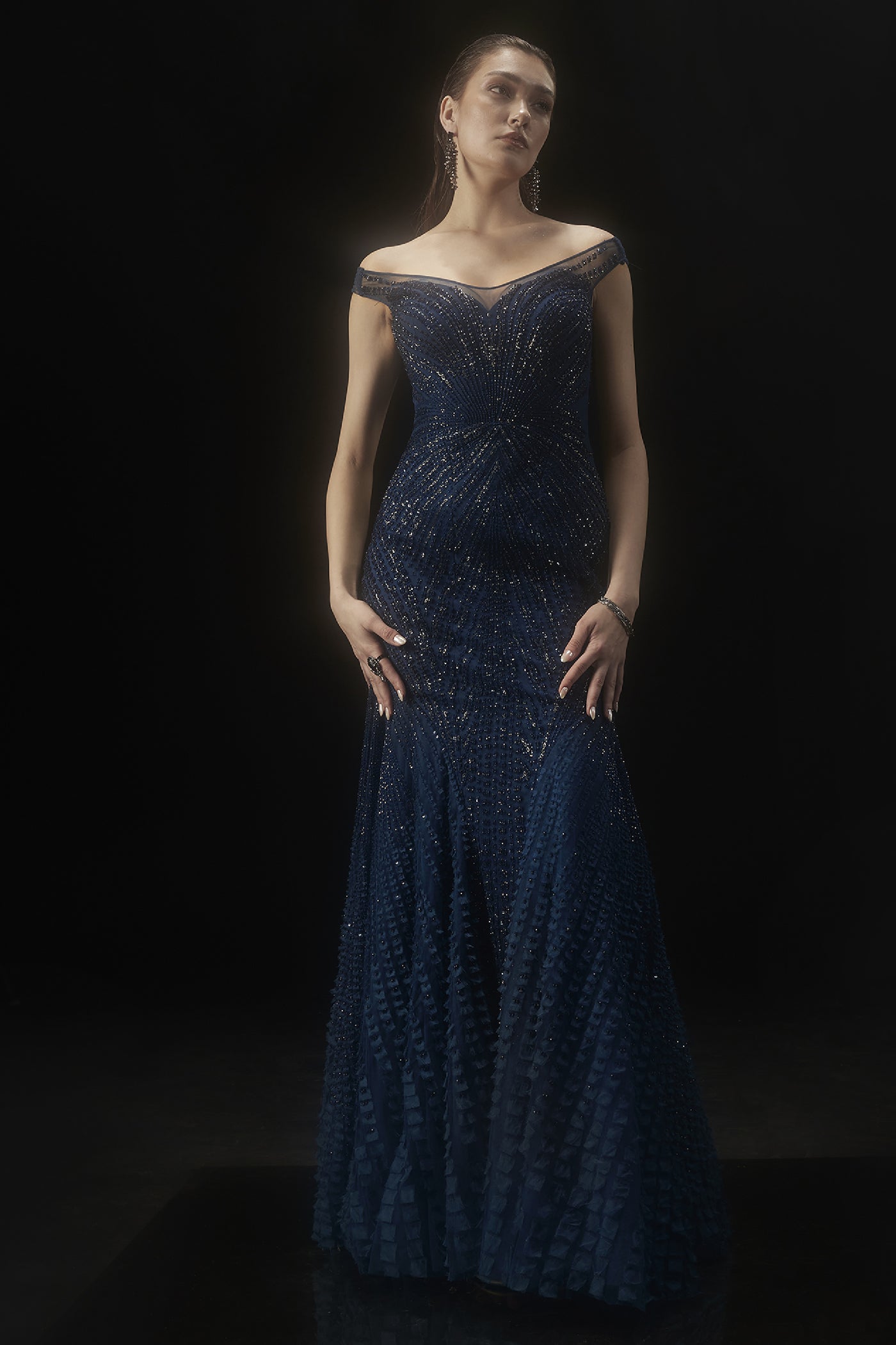 RohitGandhi RahulKhanna Starburst Off-shoulder Gown Indian designer wear online shopping melange singapore