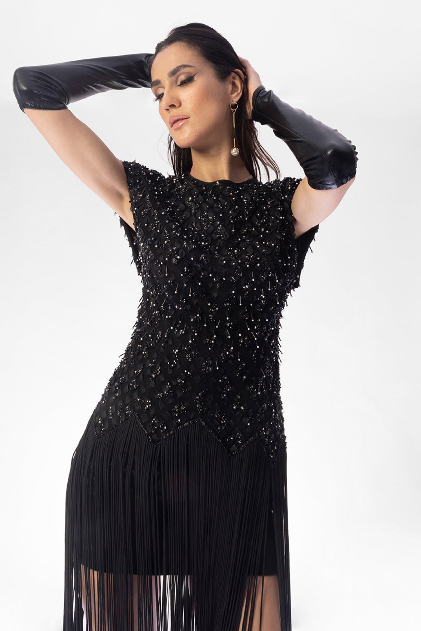 RohitGandhi RahulKhanna Stellar Black Fringe Dress Indian designer wear online shopping melange singapore