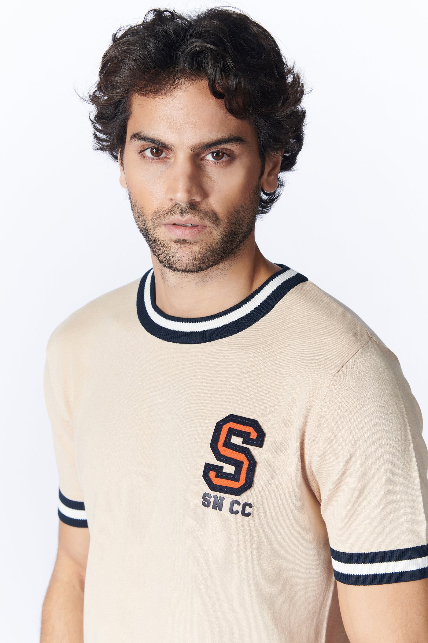 SN By Shantanu Nikhil Menswear SNCC Beige Knit T-Shirt With Patch Logo indian designer wear online shopping melange singapore