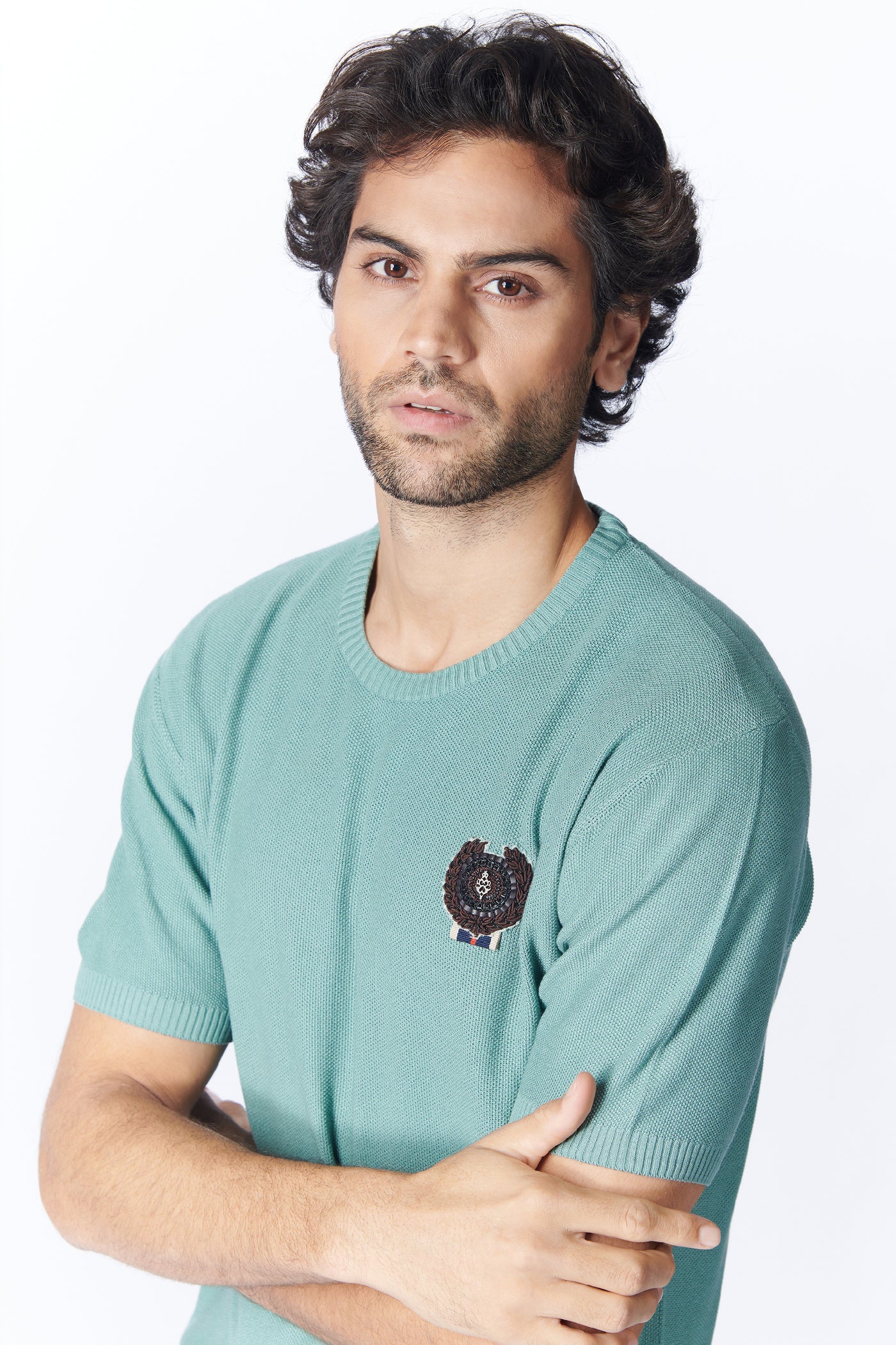 SN By Shantanu Nikhil Menswear SNCC Moss Green Knit T-Shirt with Crest indian designer wear online shopping melange singapore