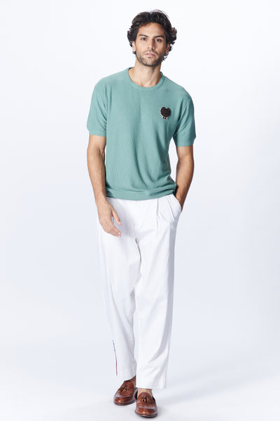 SN By Shantanu Nikhil Menswear SNCC Moss Green Knit T-Shirt with Crest indian designer wear online shopping melange singapore