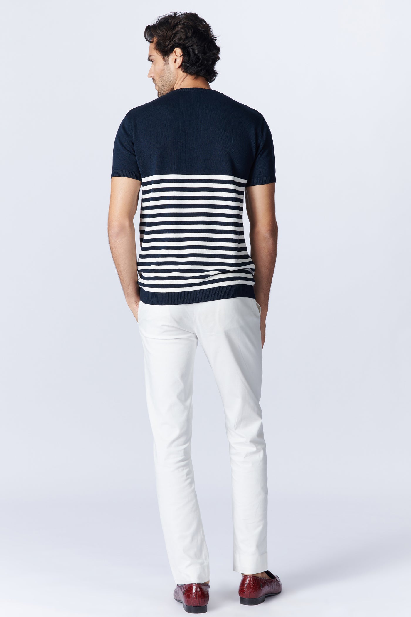 SN By Shantanu Nikhil Menswear SNCC Navy Stripe Polo T-shirt indian designer wear online shopping melange singapore