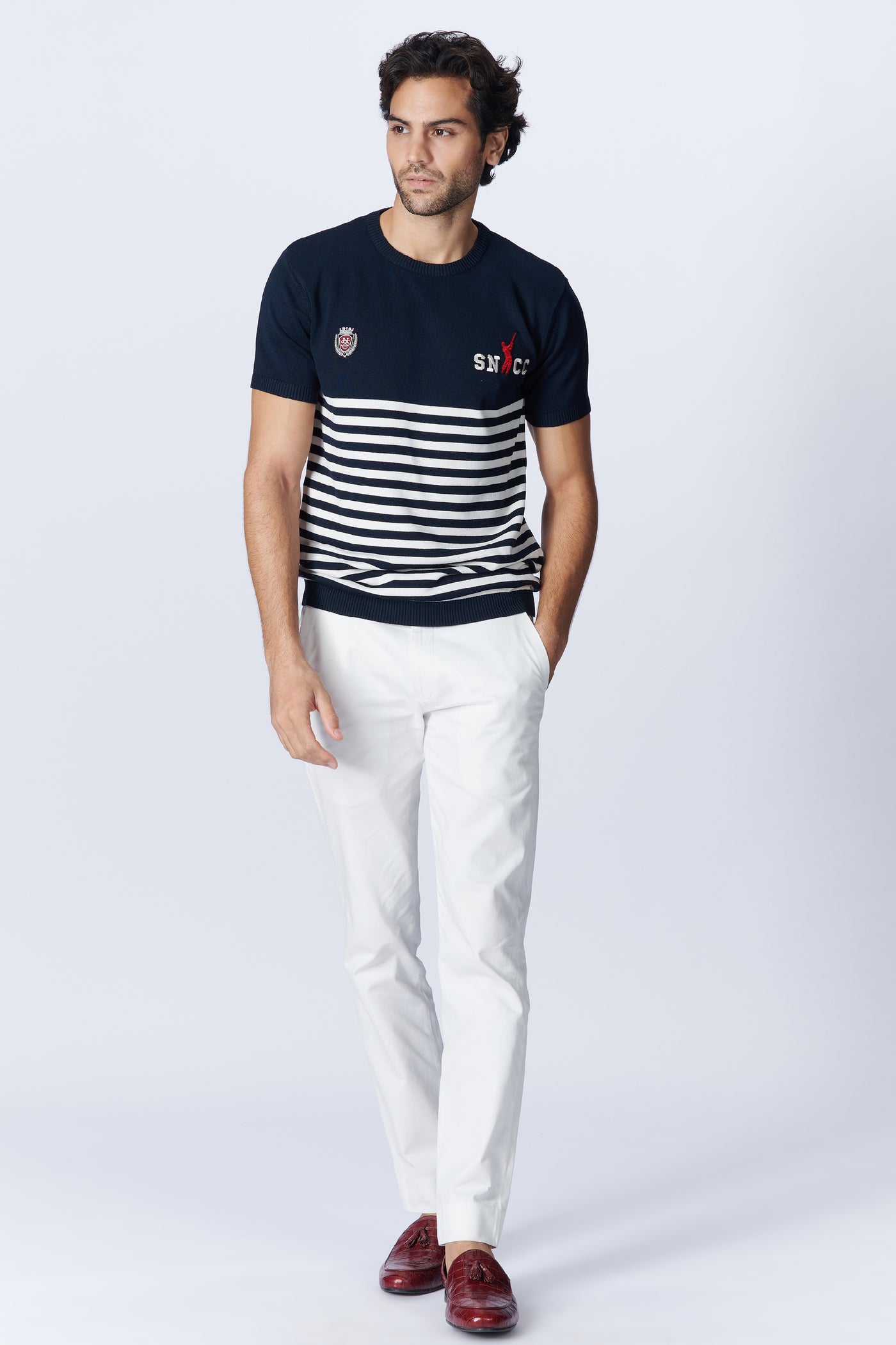 SN By Shantanu Nikhil Menswear SNCC Navy Stripe Polo T-shirt indian designer wear online shopping melange singapore