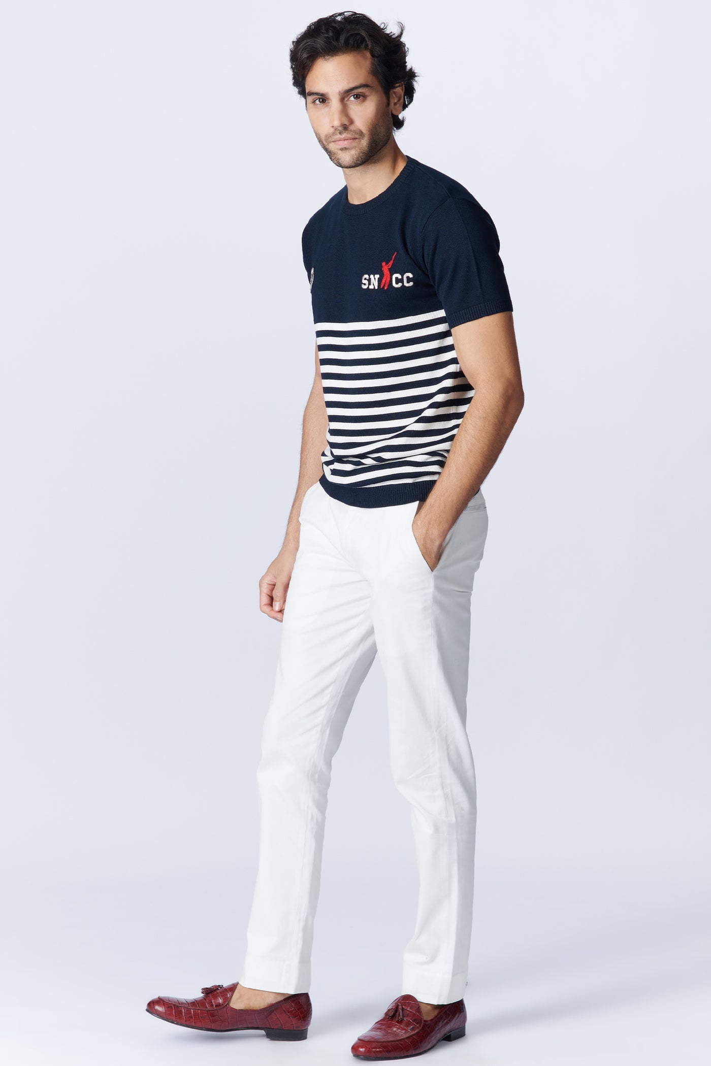 SN By Shantanu Nikhil Menswear SNCC Navy Stripe Polo T-shirt indian designer wear online shopping melange singapore