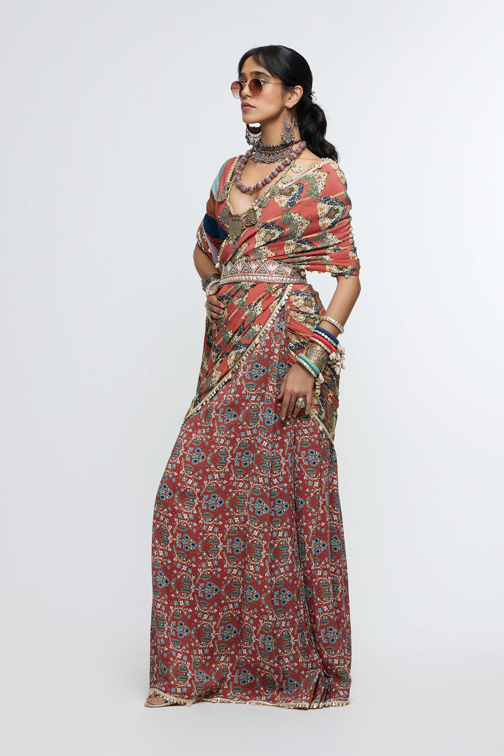 SVA Amaira Drape Saree Paired With V Neck Blouse indian designer wear online shopping melange singapore