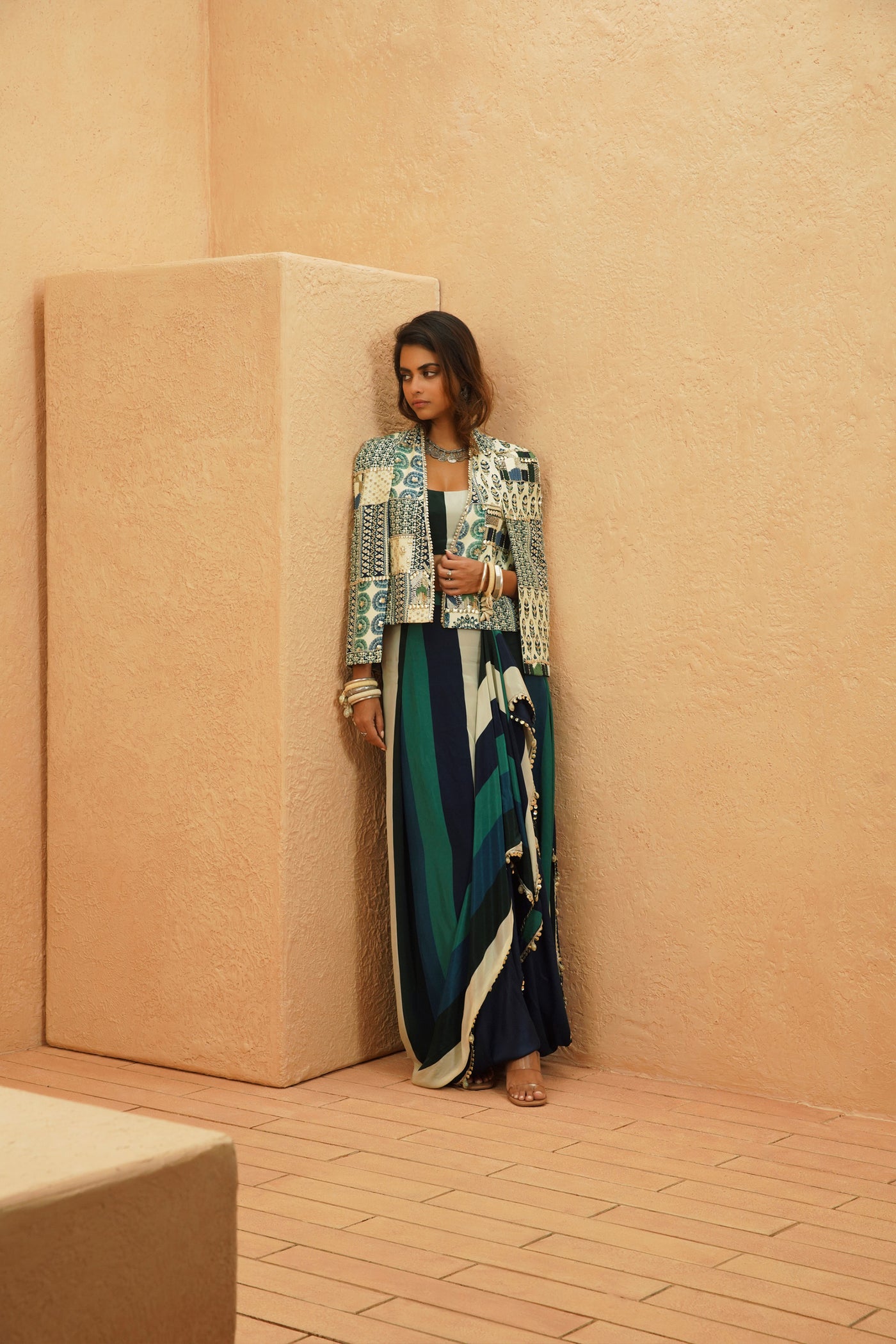 SVA Afreen Cape Jacket With Printed Drape Skirt And Bustier indian designer wear online shopping melange singapore