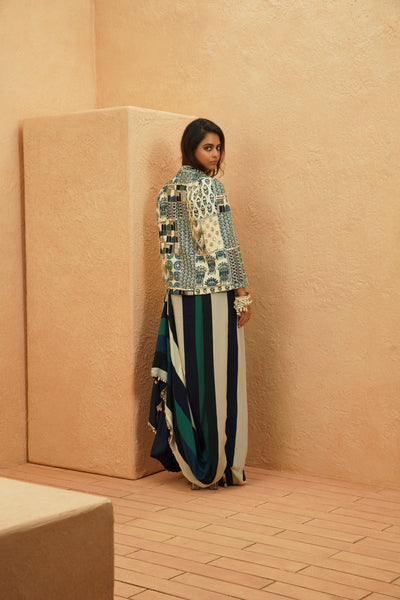 SVA Afreen Cape Jacket With Printed Drape Skirt And Bustier indian designer wear online shopping melange singapore