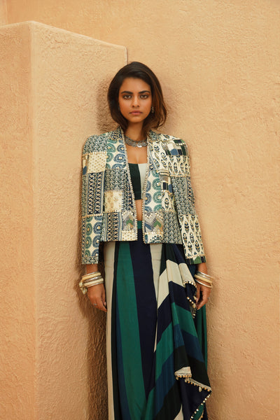 SVA Afreen Cape Jacket With Printed Drape Skirt And Bustier indian designer wear online shopping melange singapore