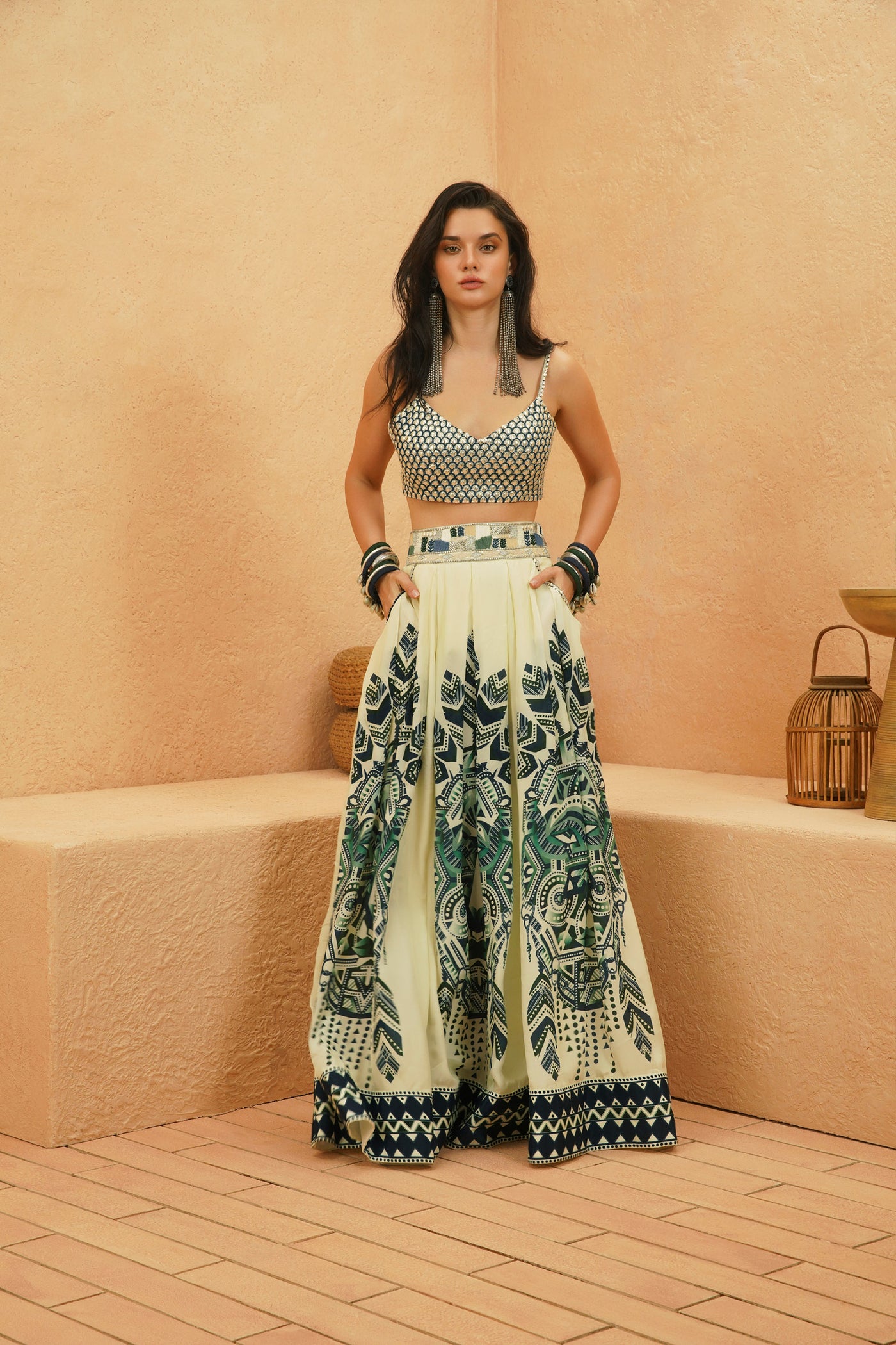 SVA Afreen Mask Pleated Skirt With Metallic Bustier indian designer wear online shopping melange singapore