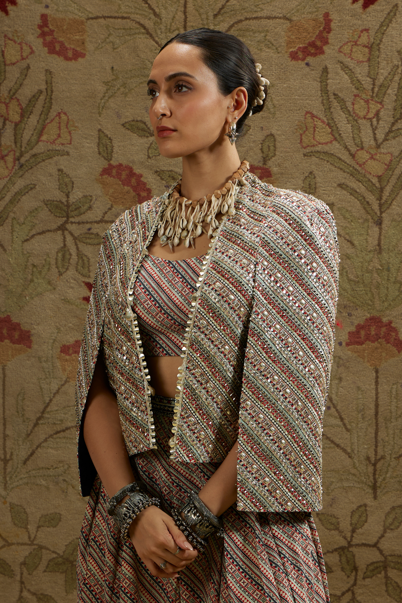 SVA Womenswear Biege Boho Stripe Noor Jacket Set Indian Designer Wear Online Shopping Melange Singapore
