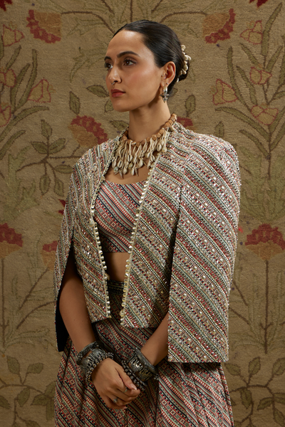 SVA Womenswear Biege Boho Stripe Noor Jacket Set Indian Designer Wear Online Shopping Melange Singapore