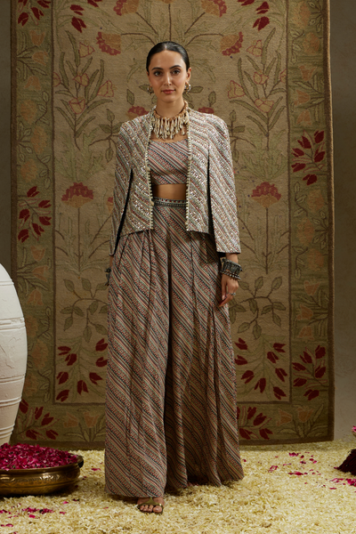 SVA Womenswear Biege Boho Stripe Noor Jacket Set Indian Designer Wear Online Shopping Melange Singapore