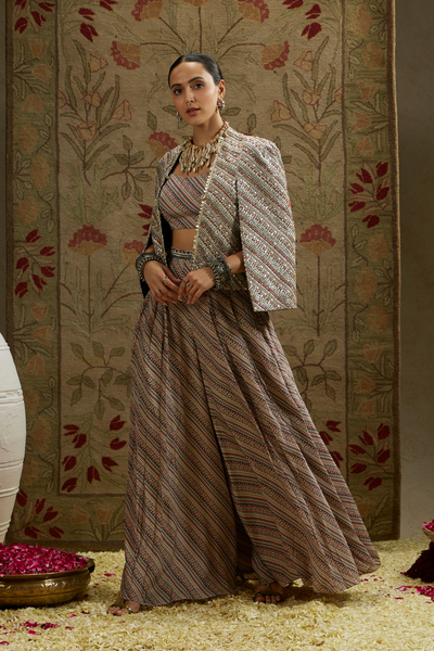 SVA Womenswear Biege Boho Stripe Noor Jacket Set Indian Designer Wear Online Shopping Melange Singapore