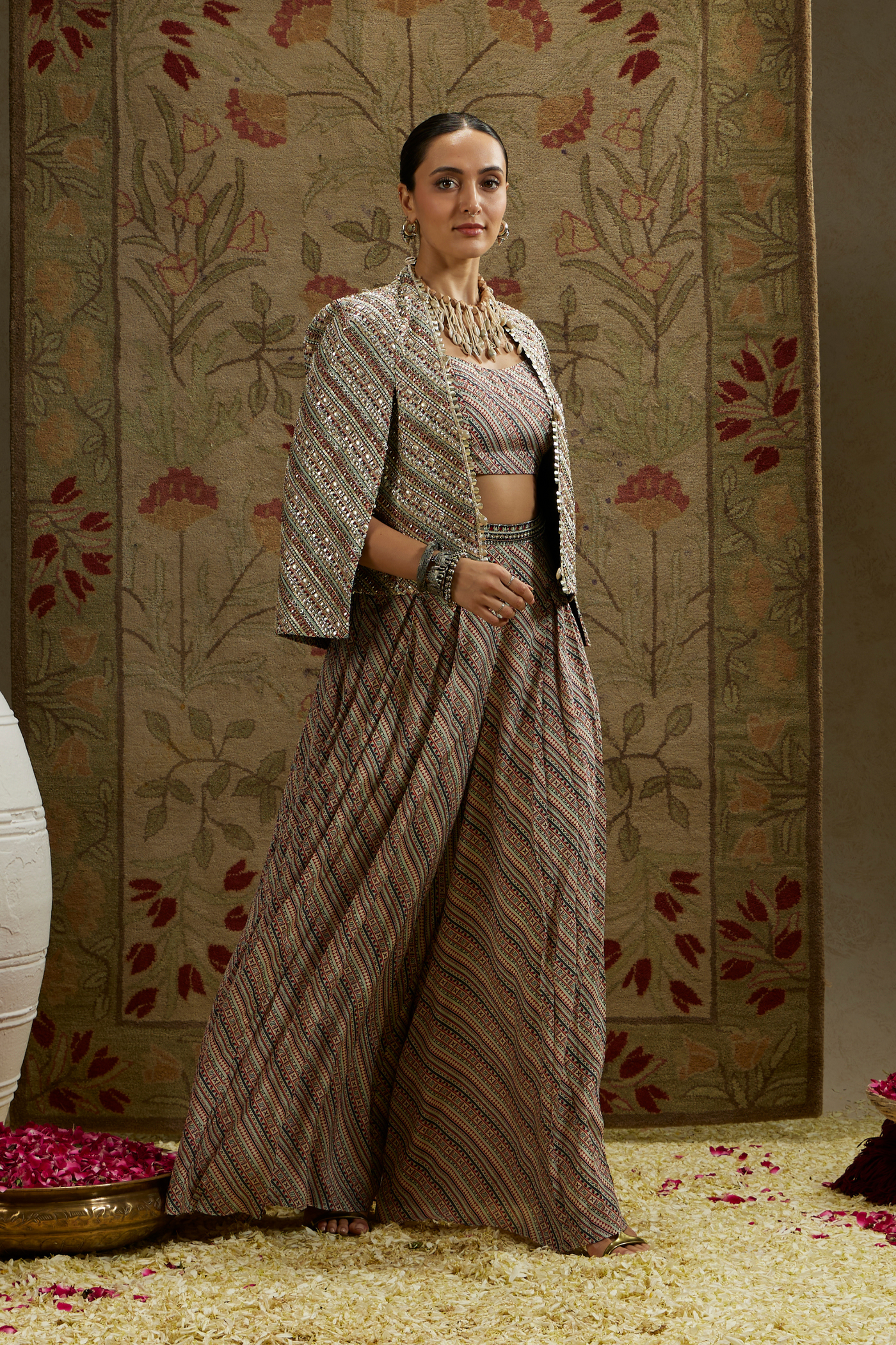 SVA Womenswear Biege Boho Stripe Noor Jacket Set Indian Designer Wear Online Shopping Melange Singapore