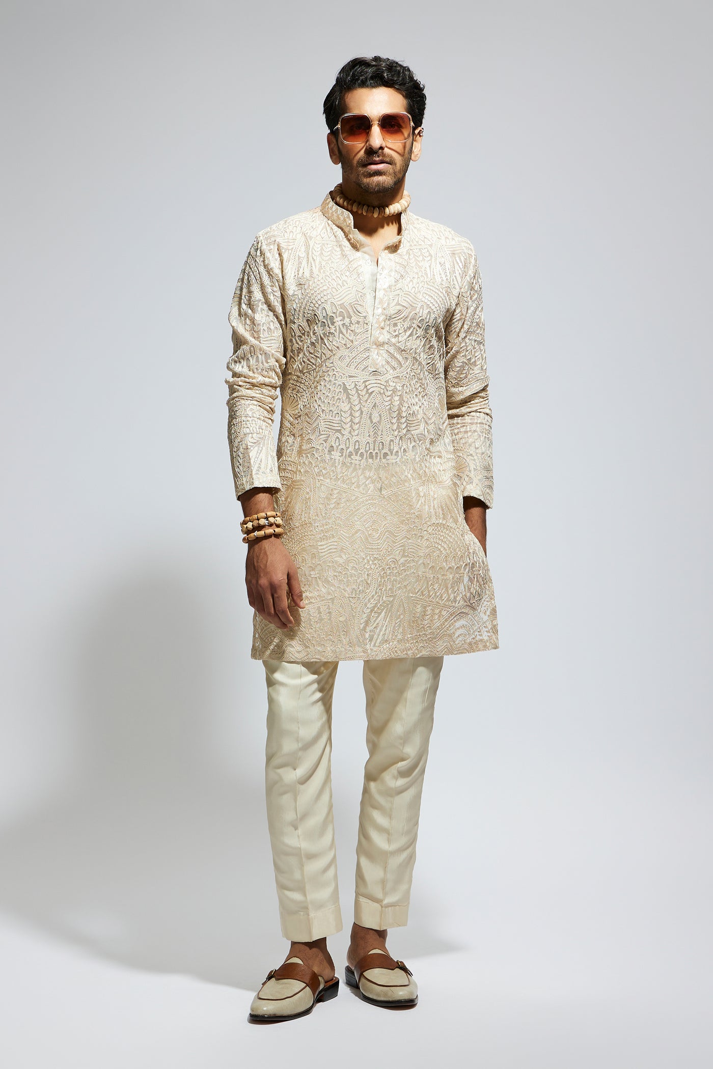 SVA Beige Organza Embroidered Kurta With Pants indian designer wear online shopping melange singapore