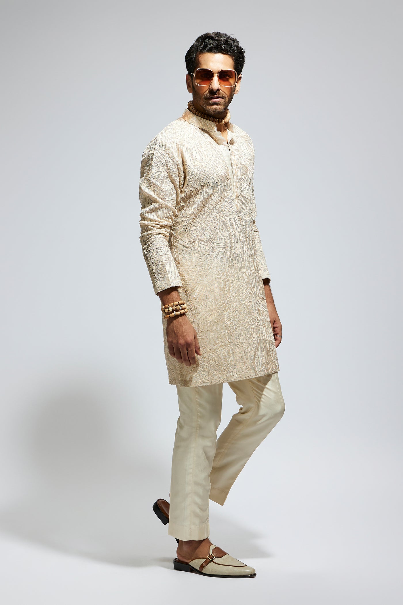 SVA Beige Organza Embroidered Kurta With Pants indian designer wear online shopping melange singapore