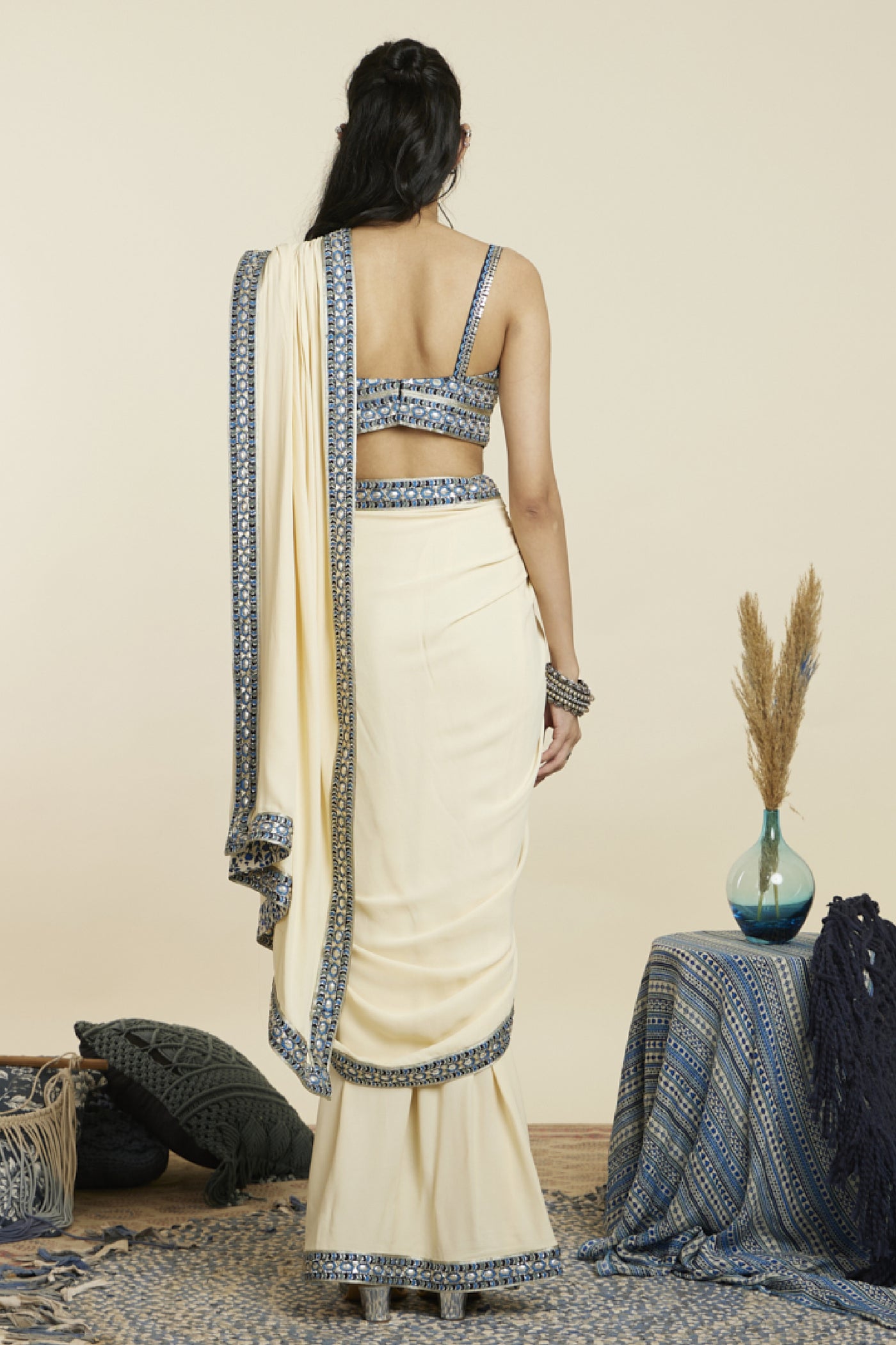 SVA Beige Cascade Saree Paired With Embellished Bustier Indian designer wear online shopping melange singapore