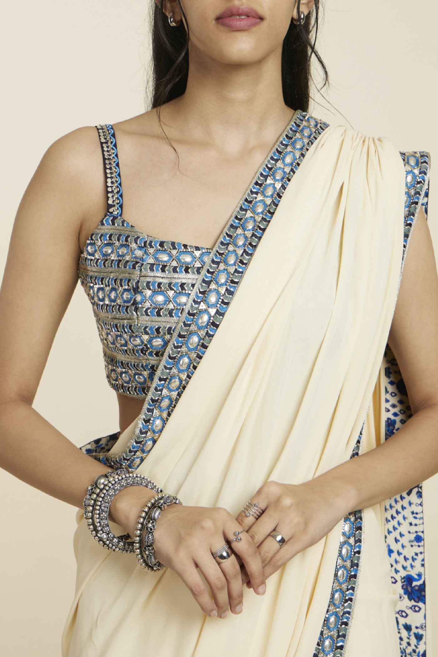 SVA Beige Cascade Saree Paired With Embellished Bustier Indian designer wear online shopping melange singapore