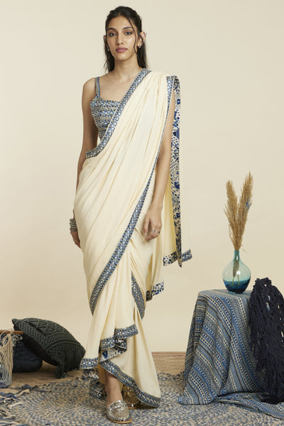 SVA Beige Cascade Saree Paired With Embellished Bustier Indian designer wear online shopping melange singapore