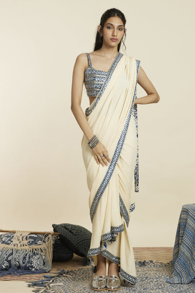 SVA Beige Cascade Saree Paired With Embellished Bustier Indian designer wear online shopping melange singapore