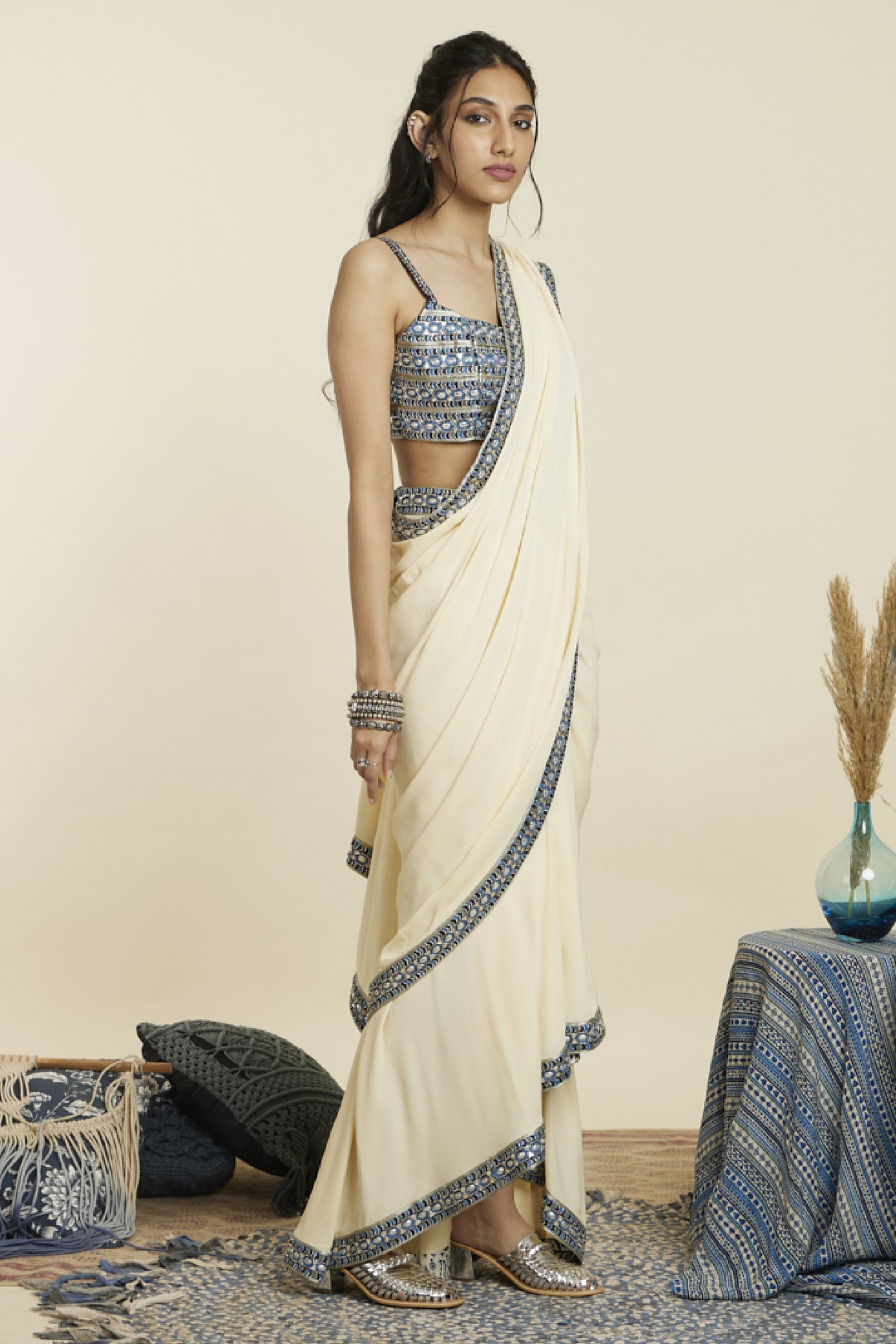 SVA Beige Cascade Saree Paired With Embellished Bustier Indian designer wear online shopping melange singapore