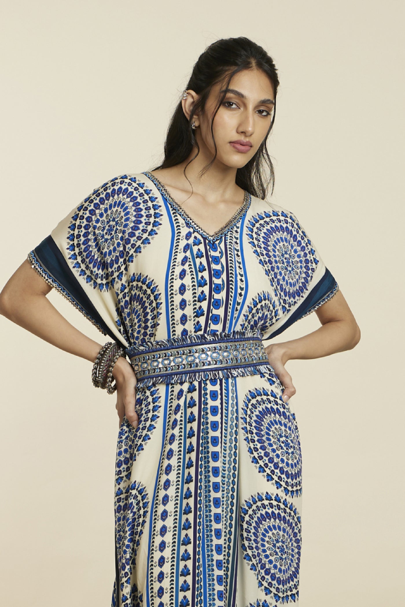 SVA Big Butta V Neck Drape Dress Paired With A Belt Indian designer wear online shopping melange singapore