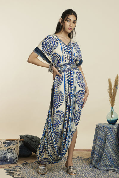 SVA Big Butta V Neck Drape Dress Paired With A Belt Indian designer wear online shopping melange singapore