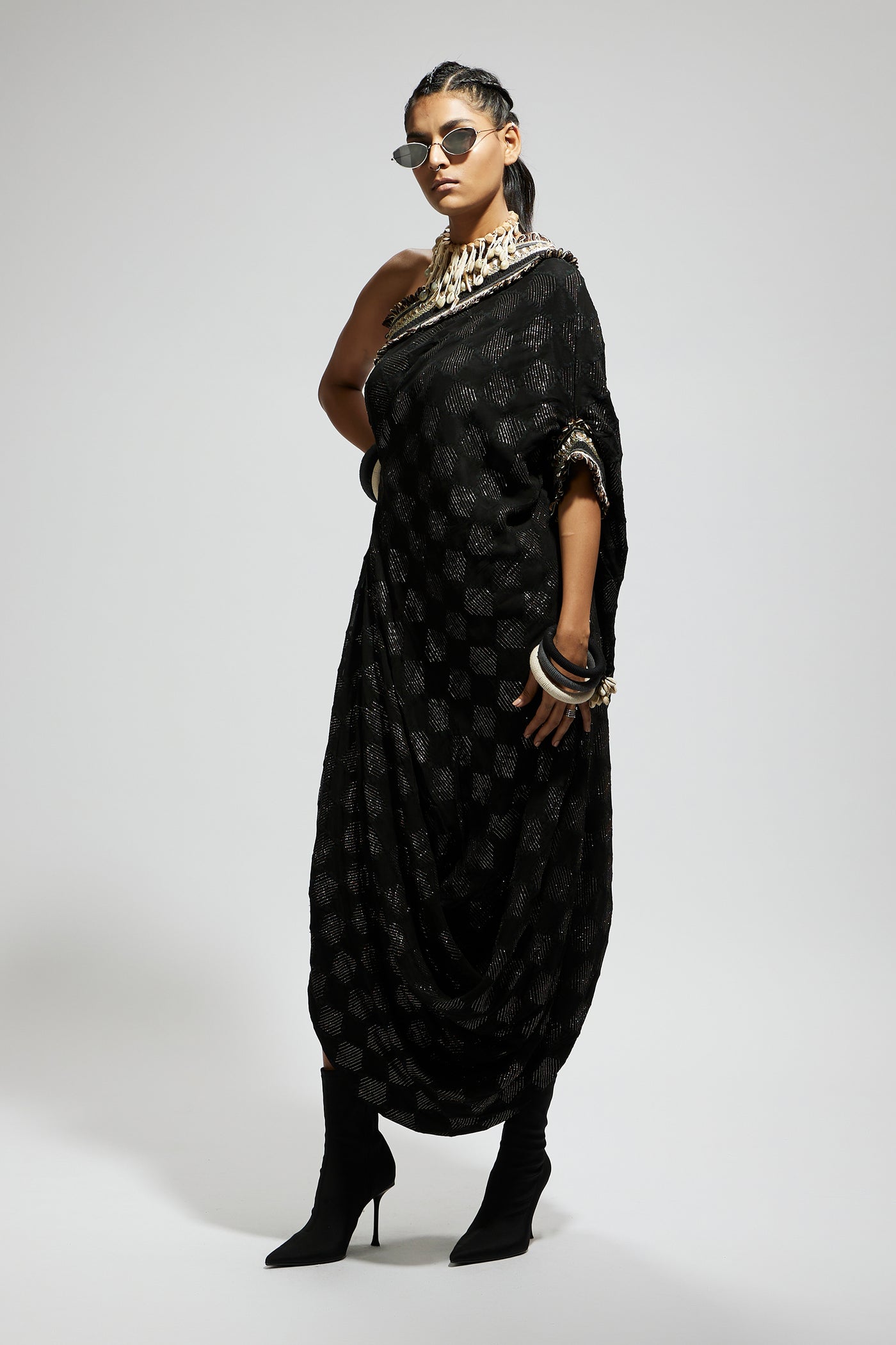 Black Aztec One Shoulder Cowl Dress With Cuff