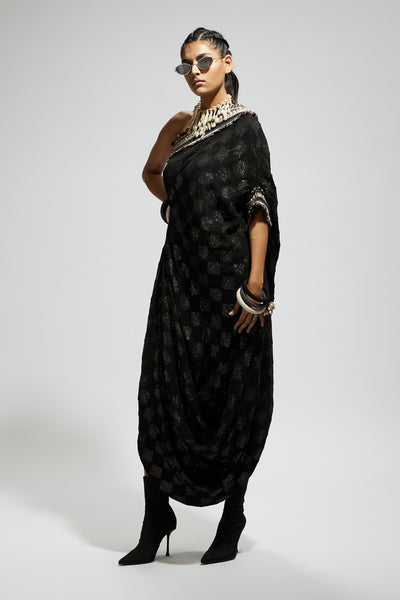 Black Aztec One Shoulder Cowl Dress With Cuff
