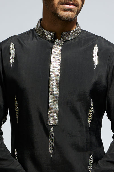 SVA Black Feather Embroidered Kurta With Pants indian designer wear online shopping melange singapore
