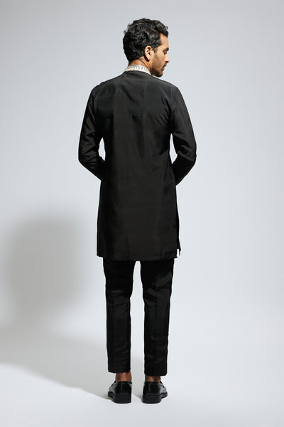 SVA Black Front Open Threadwork Embroidered Kurta Paired With Pants indian designer wear online shopping melange singapore