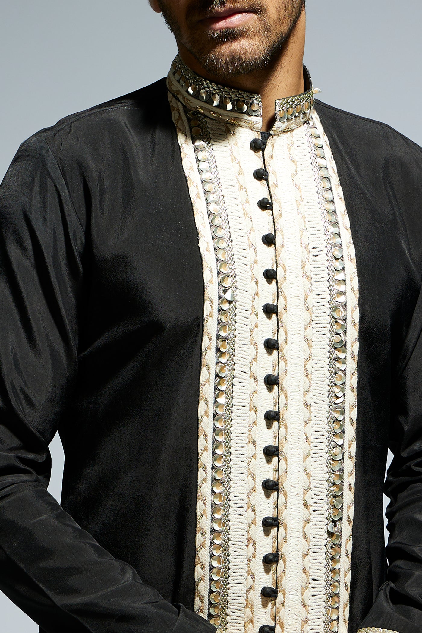 SVA Black Front Open Threadwork Embroidered Kurta Paired With Pants indian designer wear online shopping melange singapore