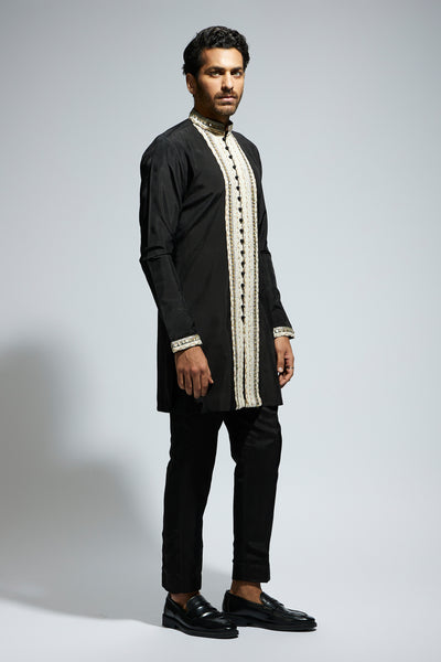 SVA Black Front Open Threadwork Embroidered Kurta Paired With Pants indian designer wear online shopping melange singapore