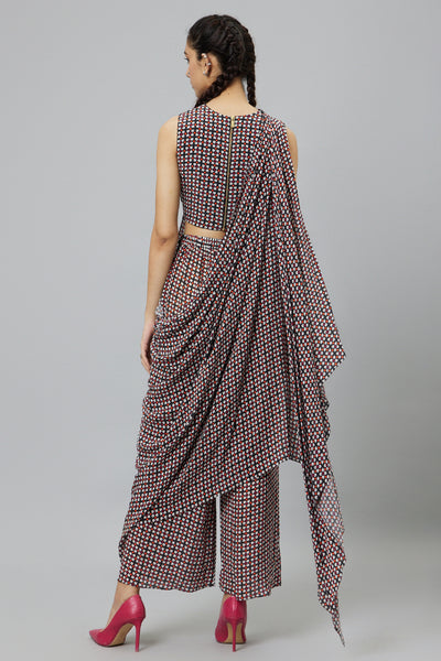 SVA Black Geometric Print Crop Top With Attached Drape With Pants indian designer wear online shopping melange singapore